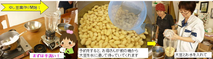 写真：ゆし豆腐作り開始！　まずは手洗い→予約をすると、お母さんが前の晩から大豆を水に浸して待っていてくれます→大豆とお水を入れて