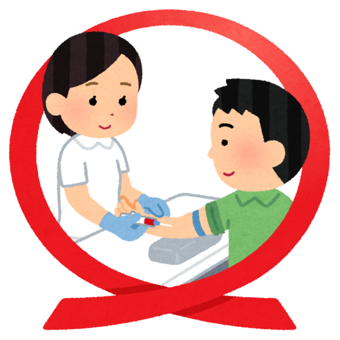 レッドリボンと女性看護師に採血されている男性