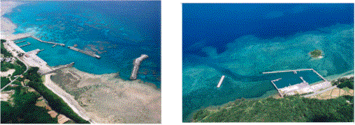 写真：波照間漁港と西表漁港の航空写真