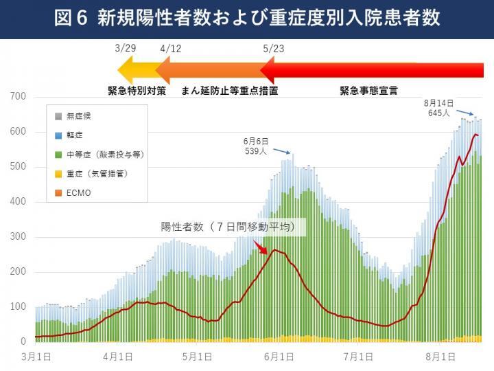 グラフ：新規陽性者数および重症度別入院患者数