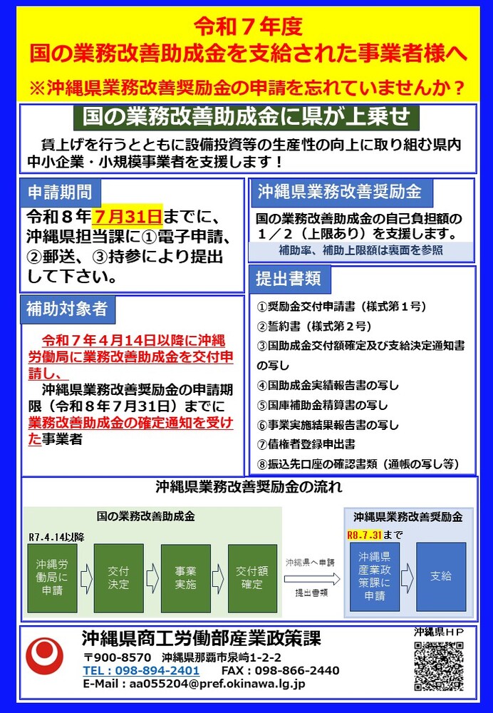 沖縄県業務改善奨励金のリーフレット(表面)