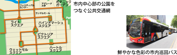市内中心部の公園をつなぐ公共交通網 鮮やかな色彩の市内巡回バス